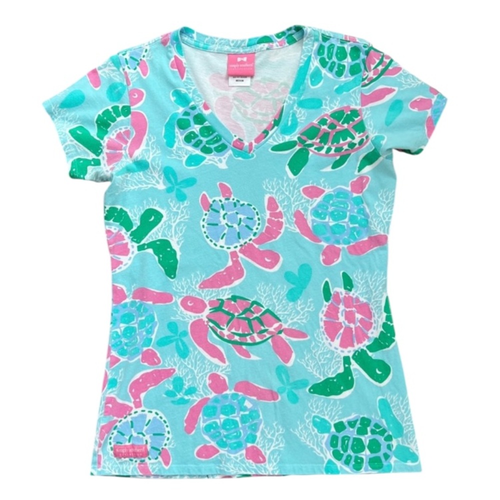 Simply Southern Sea Turtle Ocean Coral Reef Print V-Neck Tee M